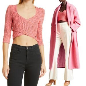 TED BAKER Demie Cross-front Cropped Knitted Top In Marled  Pink S Wool Cashmere